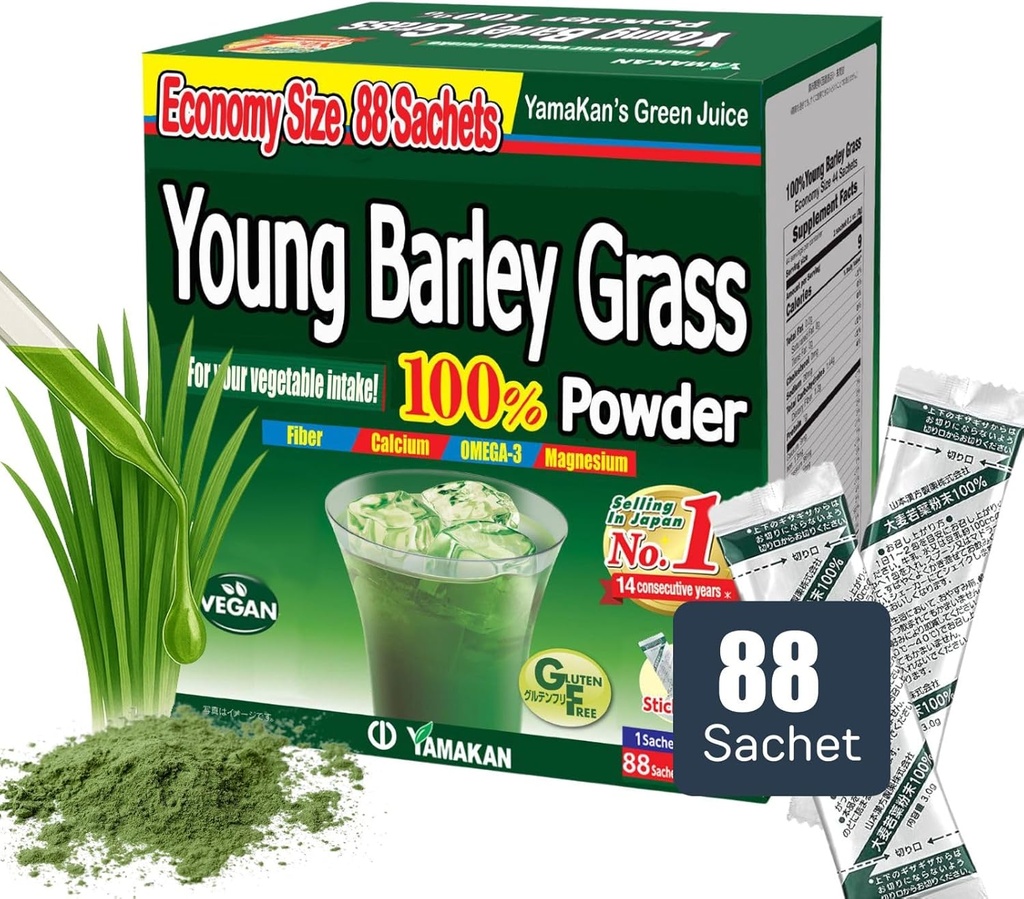 山本情報方s式会社 YAMAKAN Young Barley Grass Powder, Greens Superfood Powder Rich in Nutrients, Minerals, Vitamins & Plant-Based Protein for Women & Men, Barley Grass from Japan, Non GMO 88 Count