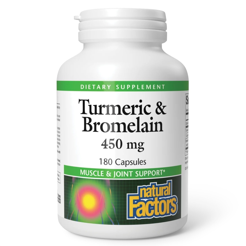자연적인 요인, 심황 & Bromelain 450 mg의 근육 및 합동 지원, 180의 캡슐