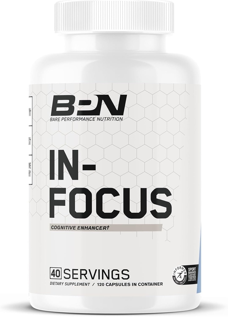 BARE PERFORMANCE NUTRITION BPN in-Focus Brain Supplement for Memory & Focus Caffeine Pills, 1g of L Tyrosine per 서빙 + Alpha GPC, 40 서빙, 글루텐 무료 + Vegan