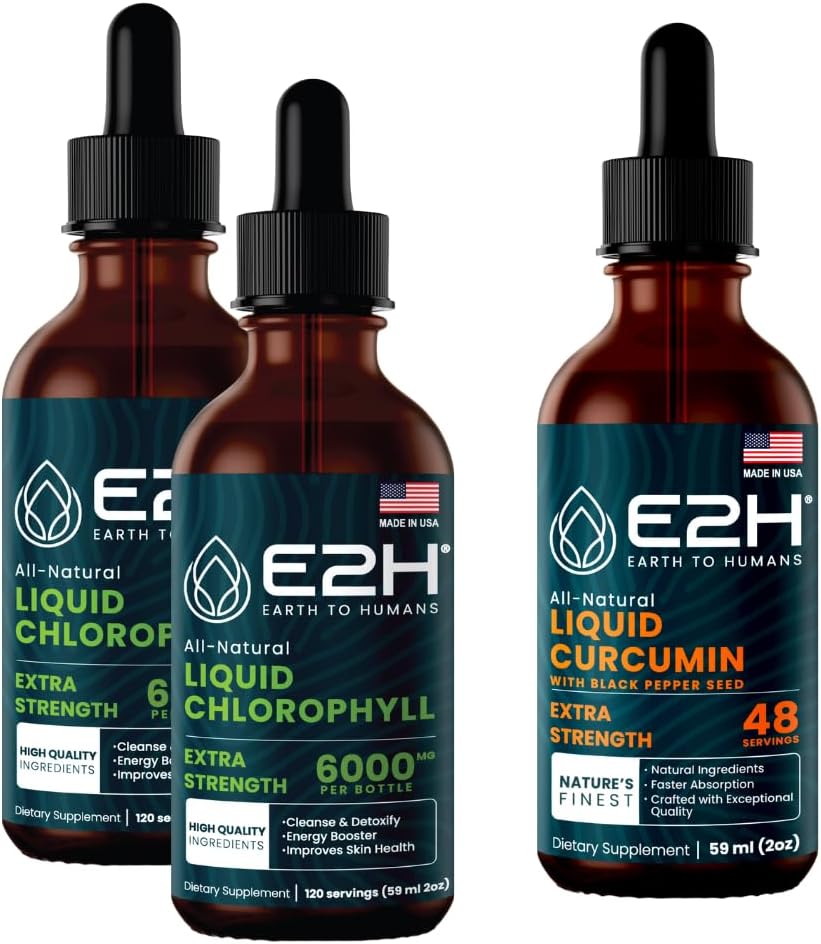 E2H: Chlorophyll 액체 드롭 (2 팩 - 4 Fl Oz) 및 액체 심황 Curcumin (단일 병 - 2 Fl Oz) | Vegan, Non-GMO - (6 Fl Oz Total) - 번들