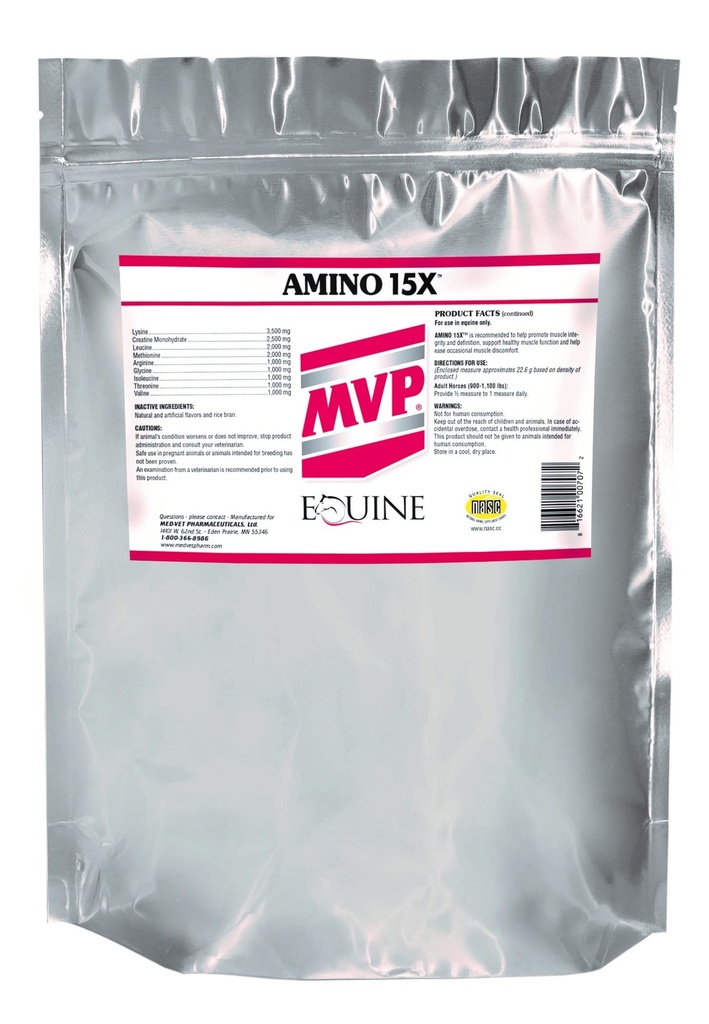 MVP 아미노 15X (1.5lb)는 말에 있는 건강한 근육 기능, 발달 및 회복을 지원합니다.