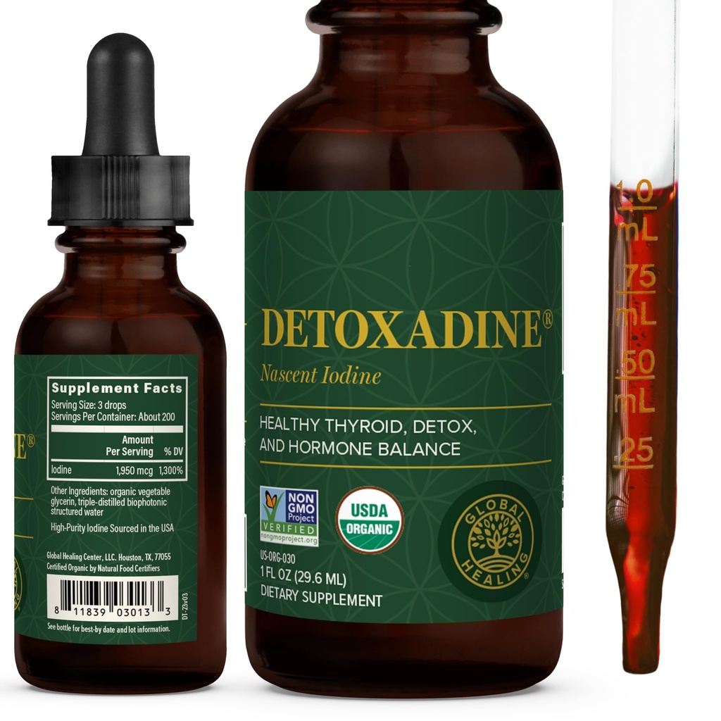 Global Healing Center - Detoxadine - Thyroid Support, Detox Cleanse 및 Metabolism에 대한 유기 Nascent 액체 Iodine 보충 드롭 - 비 GMO, Vegan, 200 서빙 Iodine Drops (1 Oz)