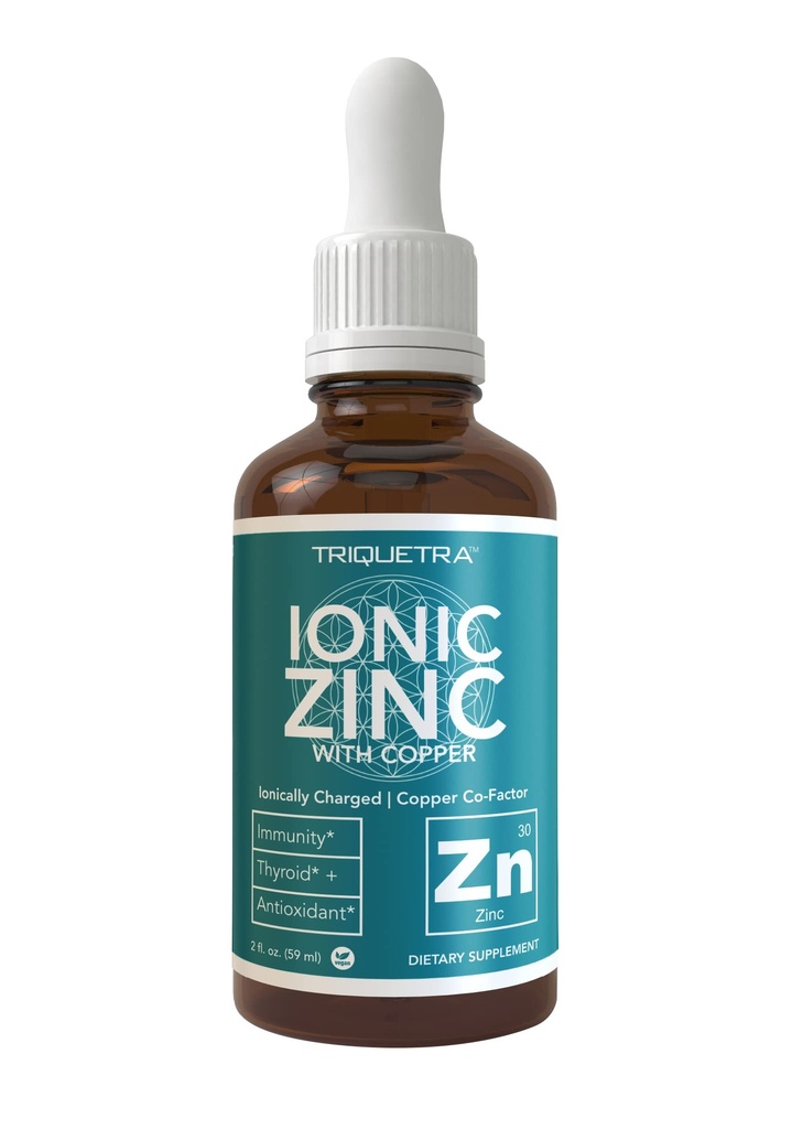 Ionic 아연 플러스 구리 액체 농축 240 서빙, 유리 병, Vegan - 아연 구리의 균형 비율 - Immunity, 뇌 Thyroid (2 oz.) 지원