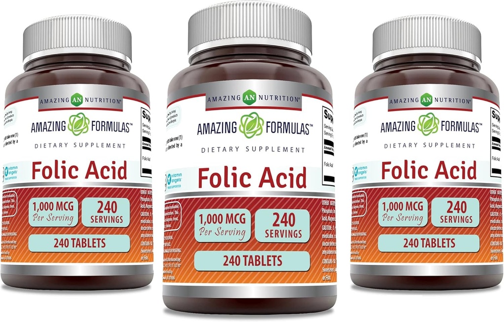Amazing Formulas Folic Acid 1000 mcg (1 mg) 정제 보충 | 비타민 B9 | Non-GMO | 글루텐 무료 | 미국에서 제작 (240 Count | 3 Pack)