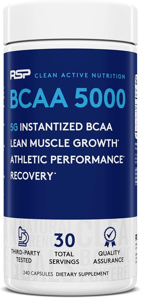 RSP BCAA 5000 (30 봉사), 포스트 운동 근육 회복, 내구시간 & 에너지, 봉사 당 필수 분지된 사슬 아미노산의 5g를 위한 우수한 BCAA 캡슐