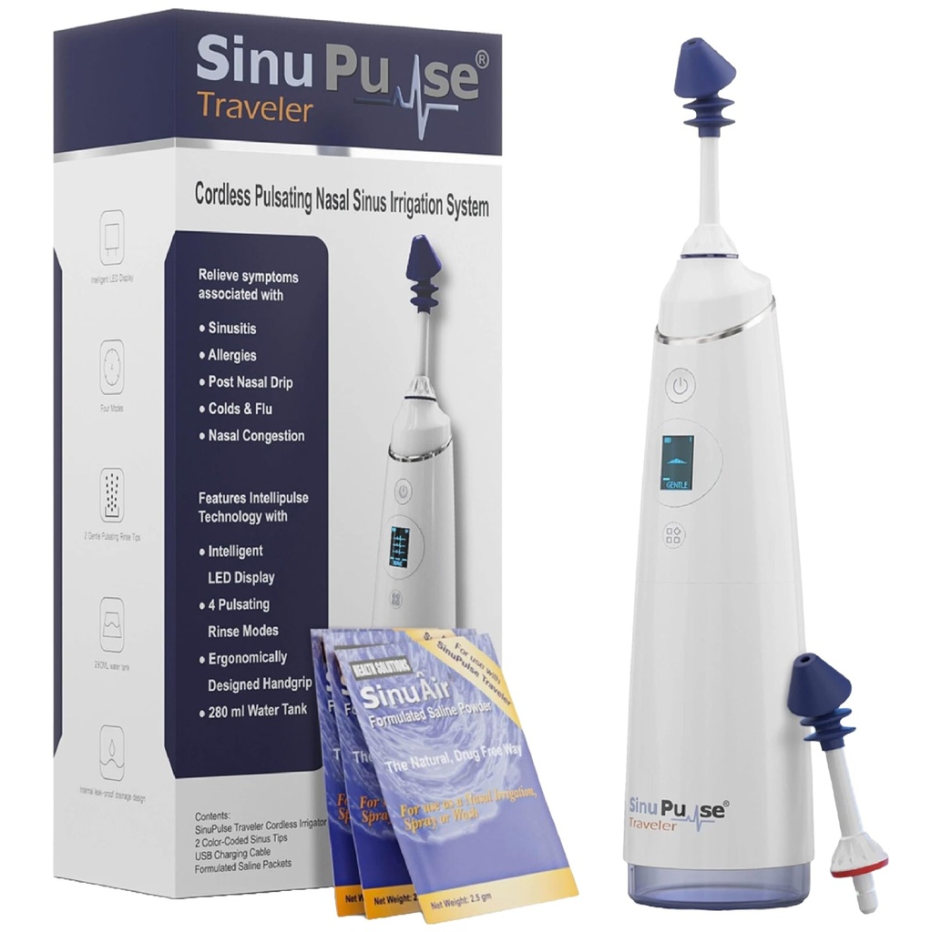 30 Sinuair Packets가있는 SinuPulse Traveler - Cordless Pulsating Nasal Irrigation Sinus Rinse System, 여행을위한 공간 절약 클리너 및 구호 기계, Neti Pot 또는 Nose Spray Bottle보다 더 효과적인