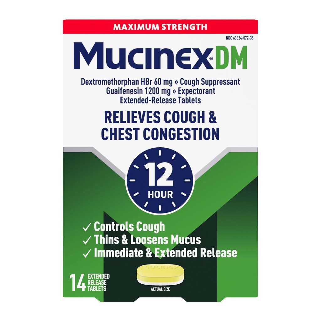 Cough Suppressant and Expectorant, Mucinex DM 최대 힘 12 시간 정제, 14ct, 1200 mg Guaifenesin, Relieves Chest Congestion, Quiets 젖은 건조 기침, 1 의사 추천 OTC 기대