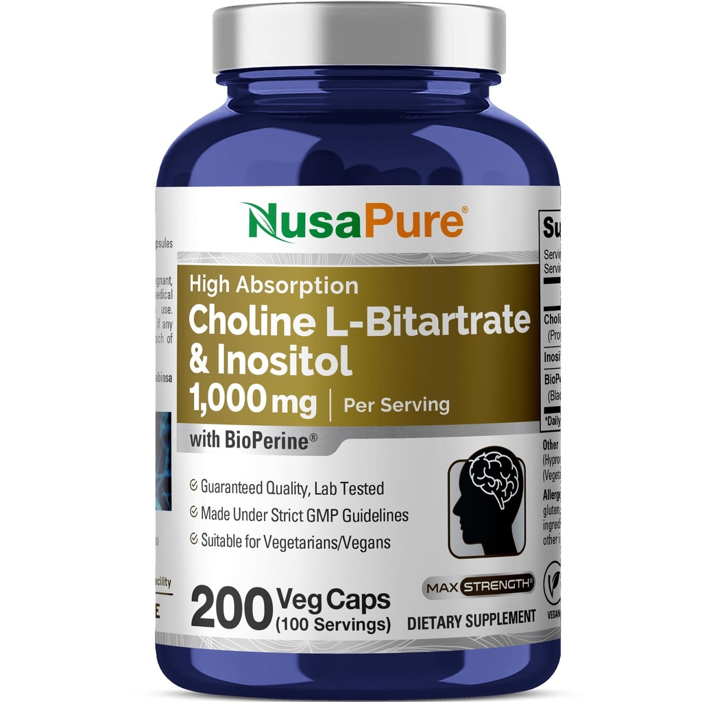 NusaPure 콜린 & Inositol 1000mg - 200 Veggie 모자 (100% 채식주의, 비 GMO) Bioperine