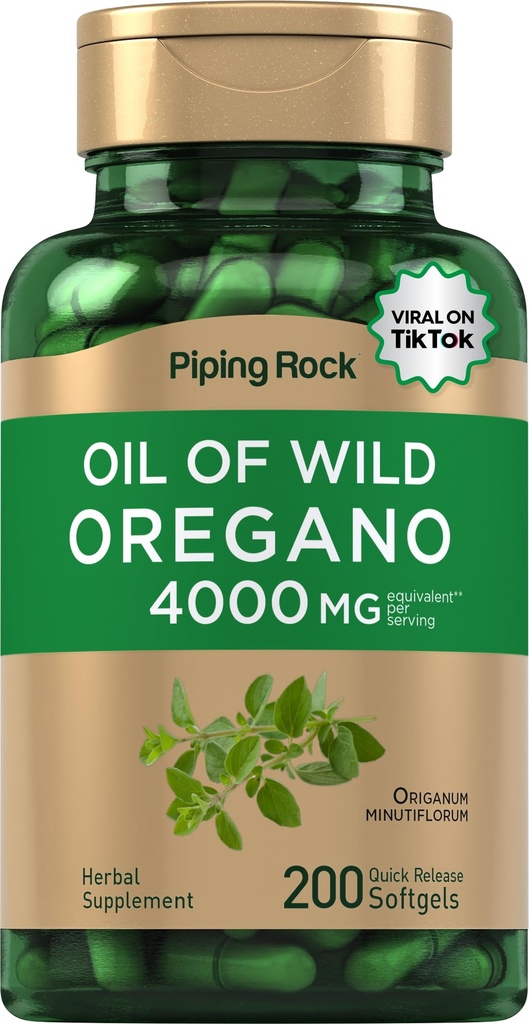Piping Rock Oregano Oil Softgel 캡슐 4000mg | 200 알약 | 초본 추출물 보충 | 야생 수확 | 비 GMO, 글루텐 무료