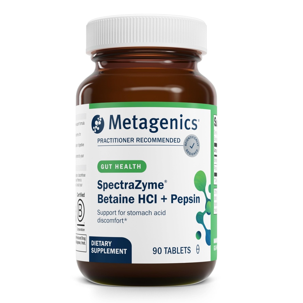 Metagenics SpectraZyme Betaine HCI + Pepsin - Betaine HCl & Pepsin - Proteolytic Digestive Enzyme* - Non-GMO - 45 서빙 - 90 정제