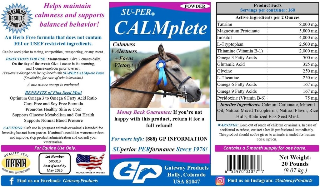 SU-PER CALMplete Calming 말 보충 - Calmness & Balanced Behavior 유지 - Thiamine, Tryptophan & 마그네슘 - 20 파운드, 5 개월 공급 (150 일)