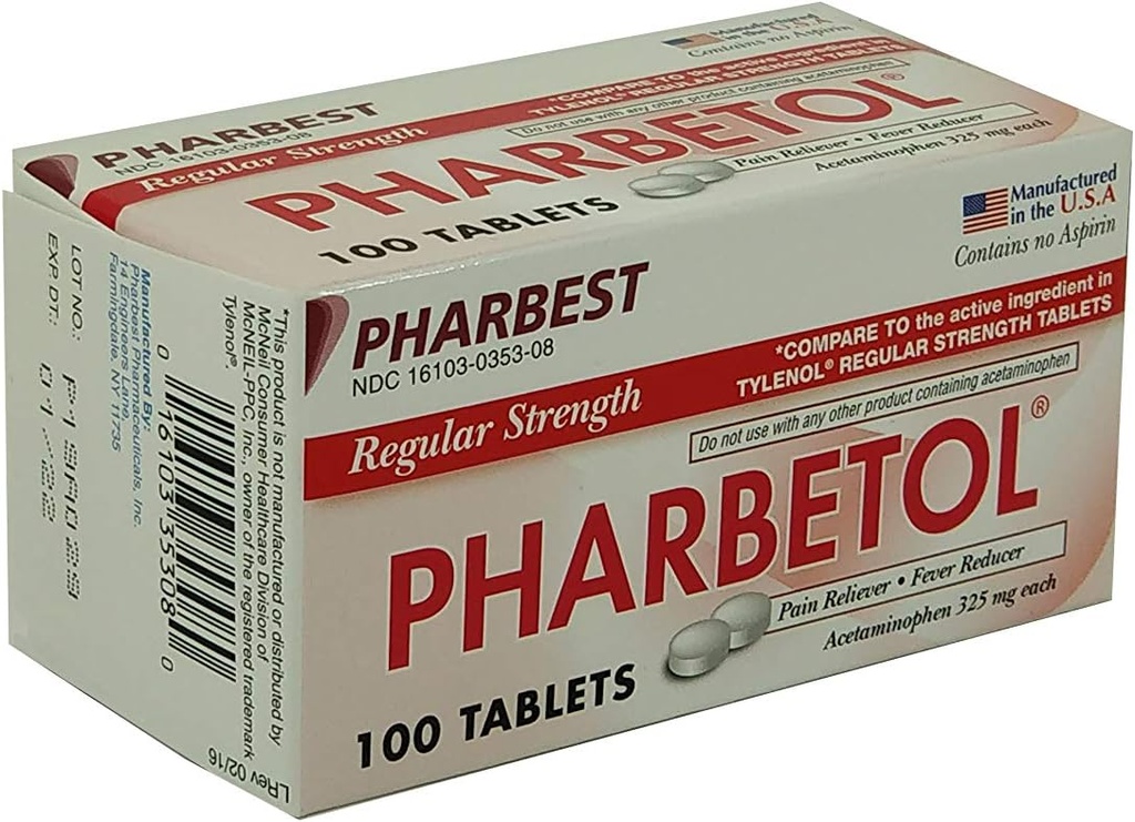 Pharbetol Acetaminophen 325mg 일정한 힘, 고통 Reliever, Fever 흡진기 정제, 100 조사 (1의 포장)