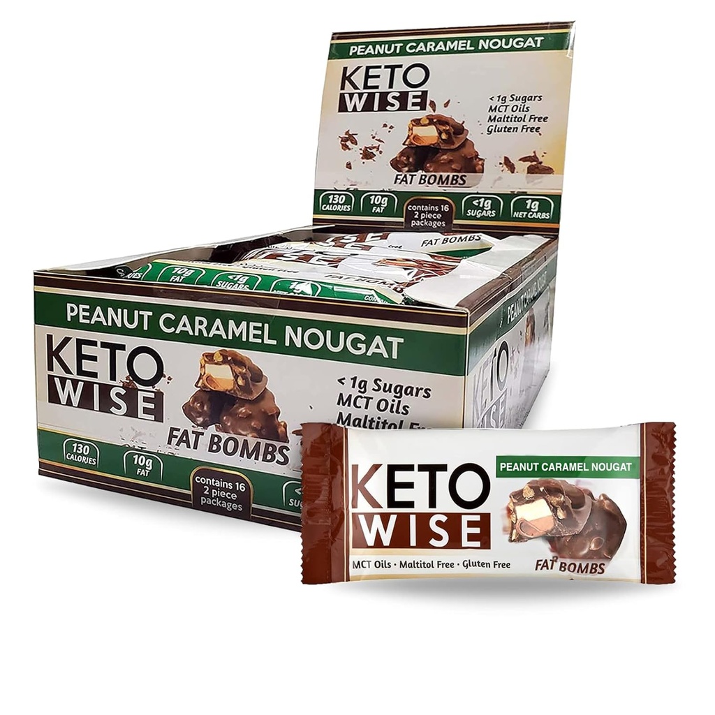 Keto Wise Fat Bombs - MCT 오일을 함유 한 초콜릿으로 만든 - 낮은 지방, 낮은 캐비티 및 케토 친화적 인 스낵 - 7g 지방, 2g Net Carbs | 땅콩 Caramel Nougat, 16 팩