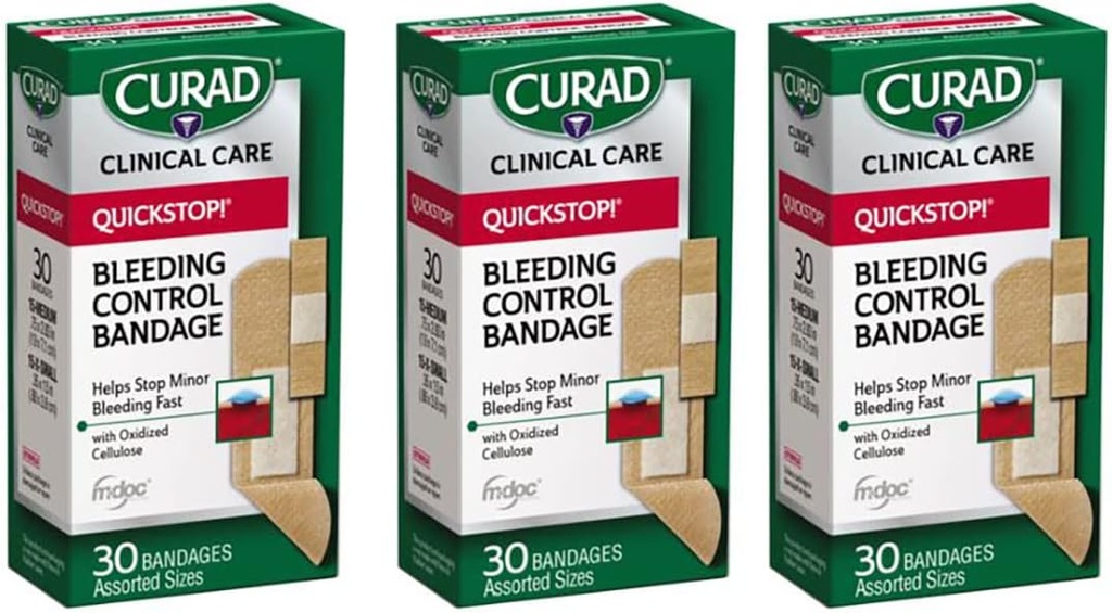 Curad Quickstop Flex-Fabric Bandages, Quickstop Bleeding Control Technology, 분류 된 크기, 30 카운트 (패키지 3)