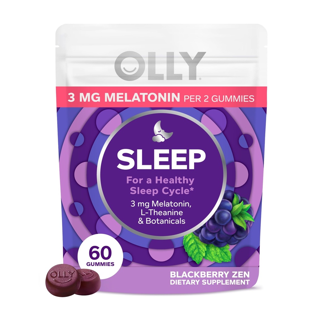OLLY Sleep Gummy, 3 mg Melatonin, L-Theanine, Chamomile 및 레몬 Balm 추출물, 블랙 베리 맛, 30 일 공급 - 60 개
