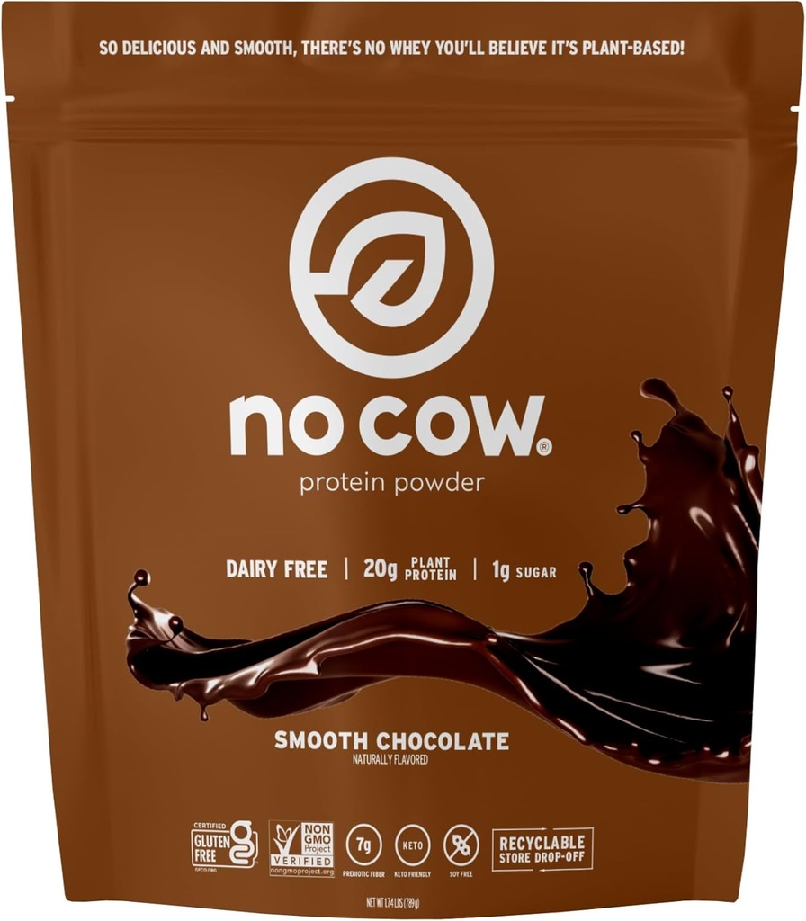 Cow Vegan Protein Powder, Chocolate, 20g Plant Based Protein, Recyclable Bag, Dairy Free, Soy Free, No Sugar, Keto Friendly, Gluten Free, Naturally Sweetened, Non GMO, Kosher, 1.74 파운드