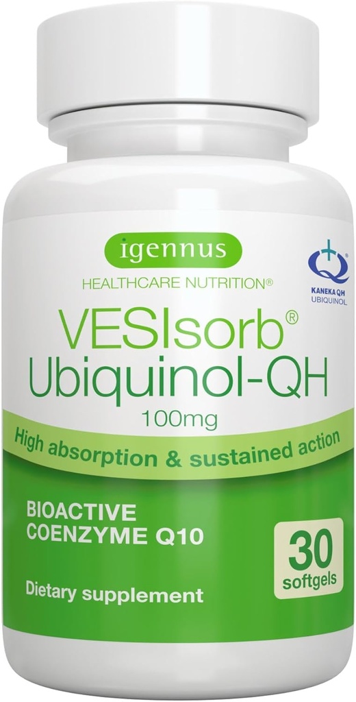 Igennus 진보된 VESIsorb Ubiquinol 100mg 30 Softgel, 600% 생물 분해성, 에너지 & 심장을 위한 빠른 수용성 Coenzyme Q10 보충교재, 1 달 공급