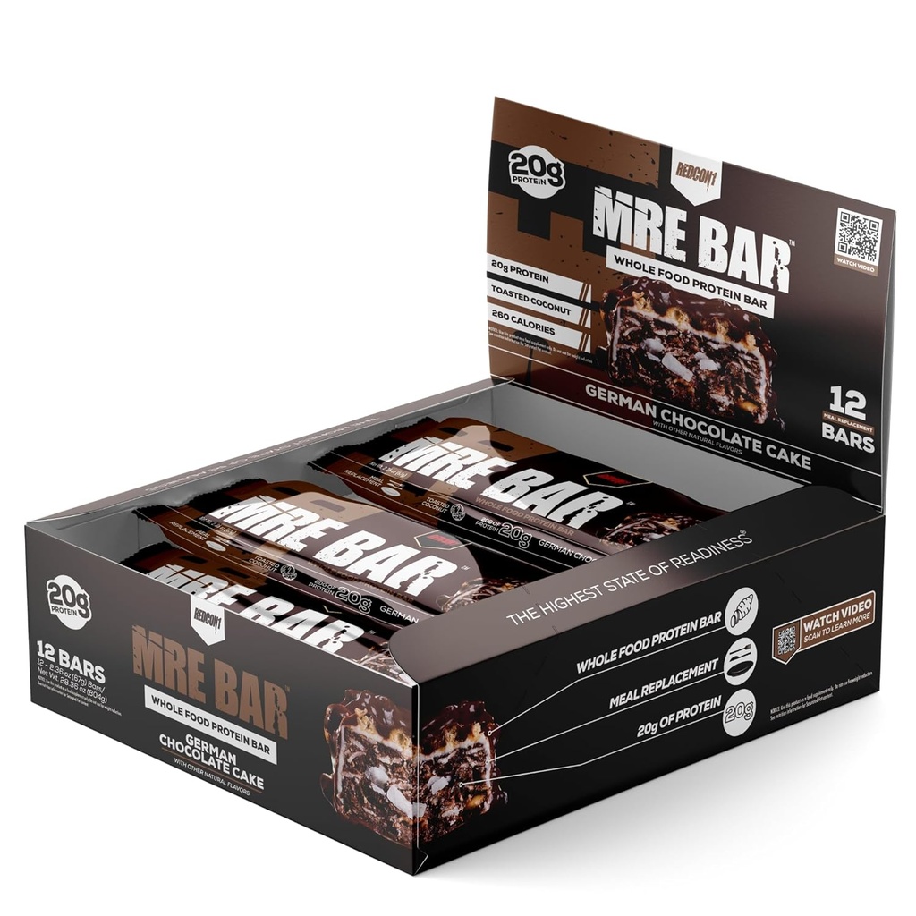 REDCON1 MRE Protein Bar, 독일 초콜릿 케이크 - 전체 식품 단백질의 MCT 오일 + 20g을 함유 - 쉽게 소화 가능, 매크로 균형 낮은 설탕 식사 교체 바 (12 바)
