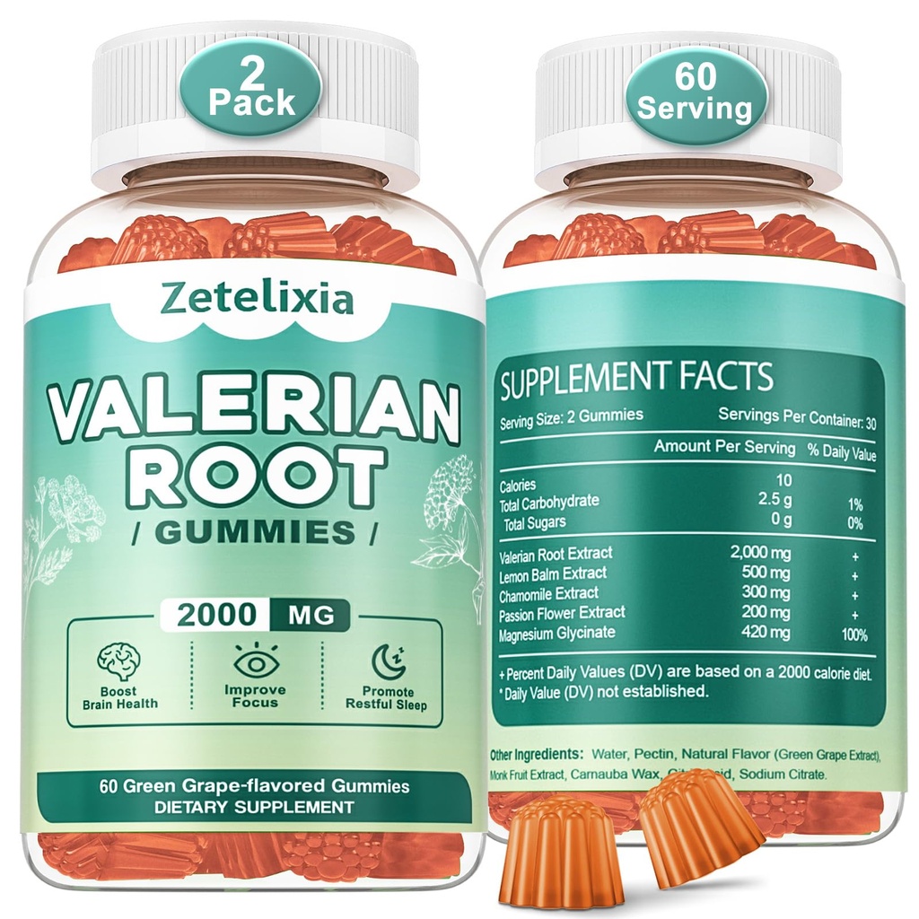 2 팩 유기 Valerian 뿌리 Gummies, 자연적인 Calm 도움 Relaxation, Mood 지원을 위한 초본 보충교재, Melatonin는, 비 GMO, 글루텐 자유로운, Vegan, 녹색 포도 풍미, 120 조사 해방합니다