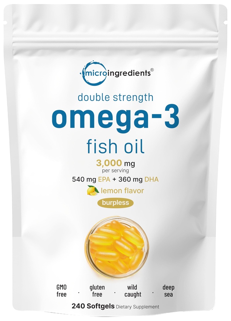 마이크로 성분 오메가 3 생선 기름은 서빙 당 3,000mg, 240 Softgel | 레몬 맛 – Burpless | EPA 540mg + DHA 360mg | 심해 물고기
