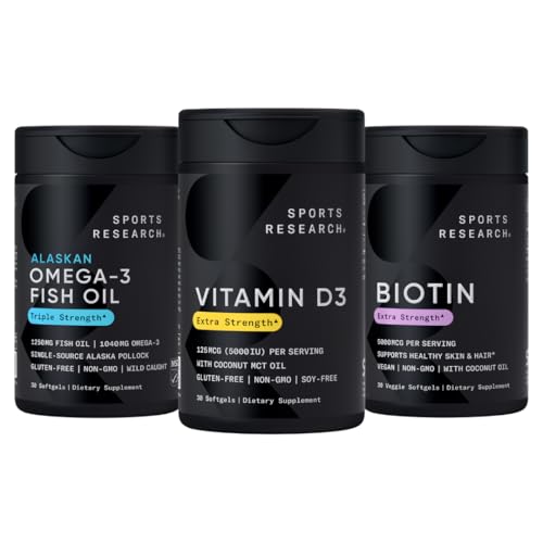 스포츠 연구 트리플 힘 Omega 3 Burpless 물고기 기름 1250mg 야생 알래스카 Pollock, 코코넛 MCT 기름 (125mcg)와 비타민 D3 5000 IU 및 Vegan Biotin 5000mcg 비타민 B7-30 Softgels 각각