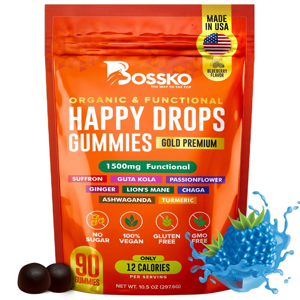 해피 드롭 – Mood 지원, 초점 및 에너지를위한 매일 슈퍼 푸드 구미 – Sugar-Free, Vegan, Blueberry 풍미 – 성인 90 구미 – Mood, 초점 및 자연 에너지를위한 매일 지원