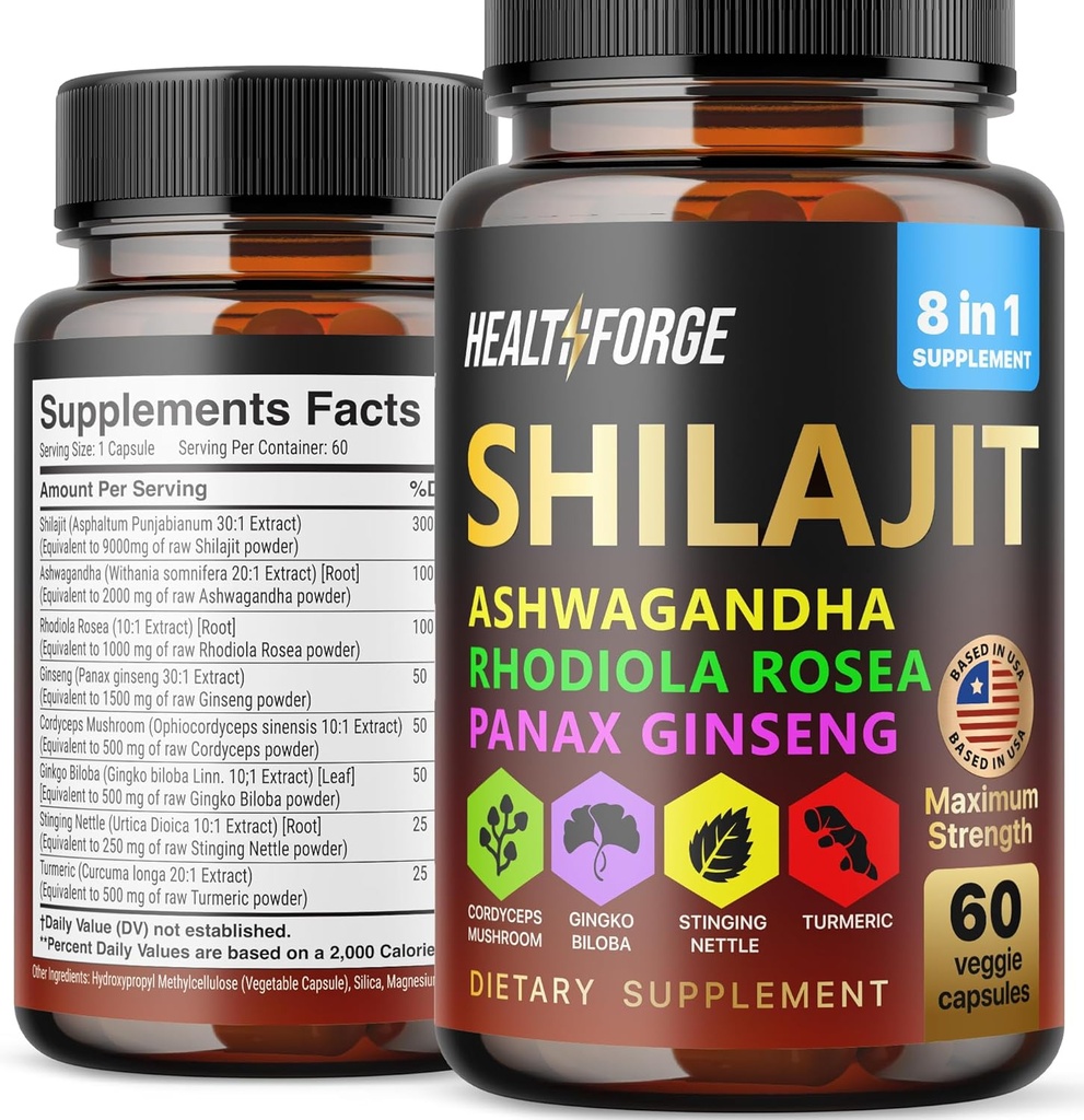 Shilajit 캡슐 유기 추출물 혼합 남자 & 여자를 위한 60의 캡슐 - Shilajit 보충교재 9000mg Ashwagandha, Immune 지원 보충교재 2000mg Rhodiola 보충교재, Ginko Ginkgo Biloba