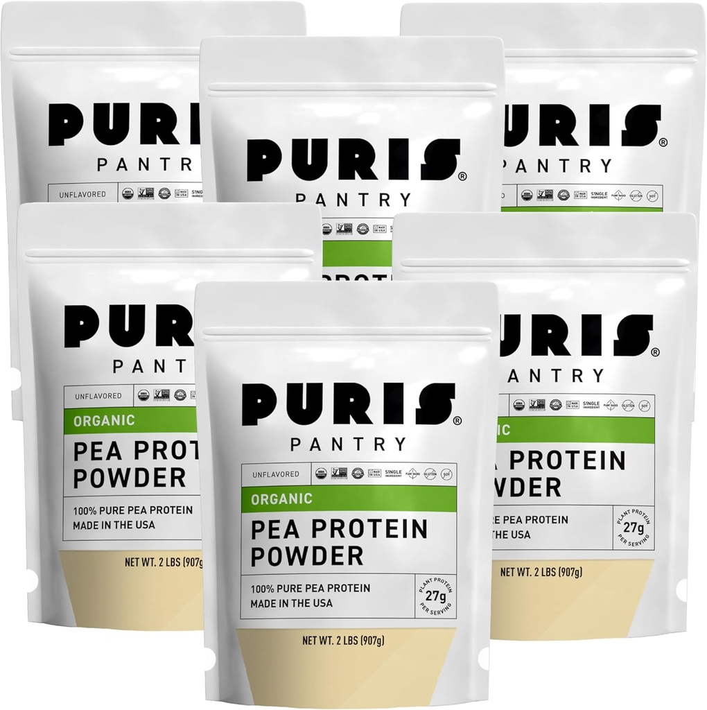PURIS Organic Pea Protein Powder – USDA Organic Vegan Protein | 27g Plant Protein Per 서빙 | Non-GMO Gluten-Free Soy-Free | Clean Label | 부드러운 맛 | 2lb (6 팩)