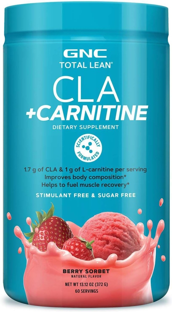 GNC Total Lean CLA + Carnitine | 신체 구성 및 연료 근육 회복, 자극제 무료 및 설탕 무료 | Berry Sorbet | 60 서빙