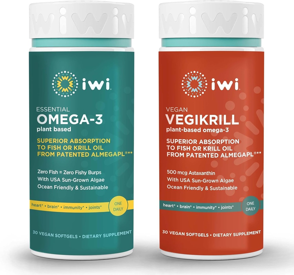 Iwi Omega-3 Essential & Vegikrill Omega-3 번들, 30 서빙, Vegan Plant-Based Algae Omega 3, Krill & Fish Oil Alternative, 아니 Fishy Aftertaste