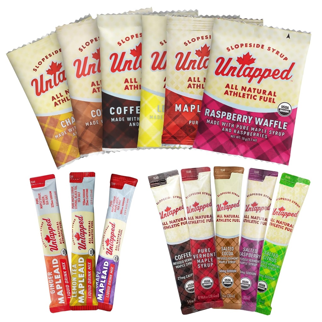 UnTapped Sample Pack - 14 개별적으로 포장 된 소포 | All-Natural Maple Syrup, Vegan Stroopwafels & Hydration Mixs 포함 | 지속 에너지 및 회복용 팩 | USDA Organic Certified