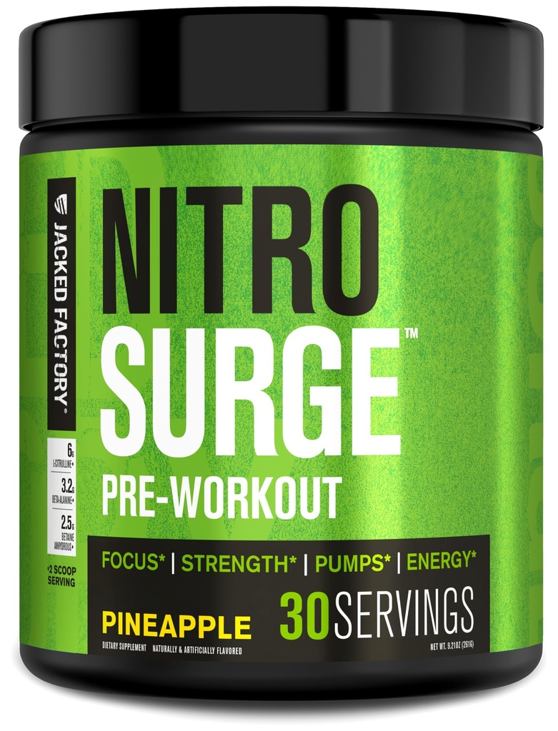 Jacked Factory NITROSURGE Pre Workout Supplement - Endless Energy, Instant Strength Gains, Clear Focus, Intense Pumps - NO 부스터 및 강력한 Preworkout Energy Powder - 30 서빙, 파인애플