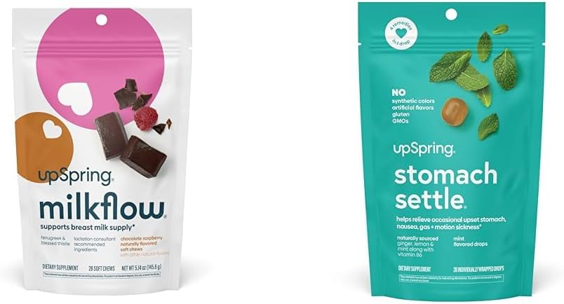 UpSpring Milkflow SoftChews, Fenugreek & Blessed Thistle + UpSpring Stomach Settle Drops for Occasional Nausea Relief/Upset Stomach with Ginger, Lemon, Spearmint 및 B6.