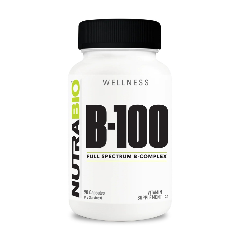 NutraBio B-100, B 비타민 복합체, 면역 체계 지원, 건강한 머리, 피부, 못, 90 식물성 캡슐
