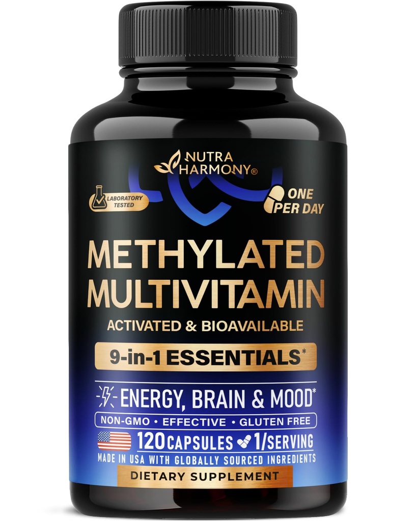 메틸을 입힌 Multivitamin - B2, B6, 5-MTHF & B12 | 산화 방지제 C & E | 비타민 D3 & K2 - 남자 & 여자를 위해 - 9에서 1 MTHFR TMG와 보충 - 에너지, 두뇌 & 무드 - Vegan - 미국에서 만든 - 120 캡슐