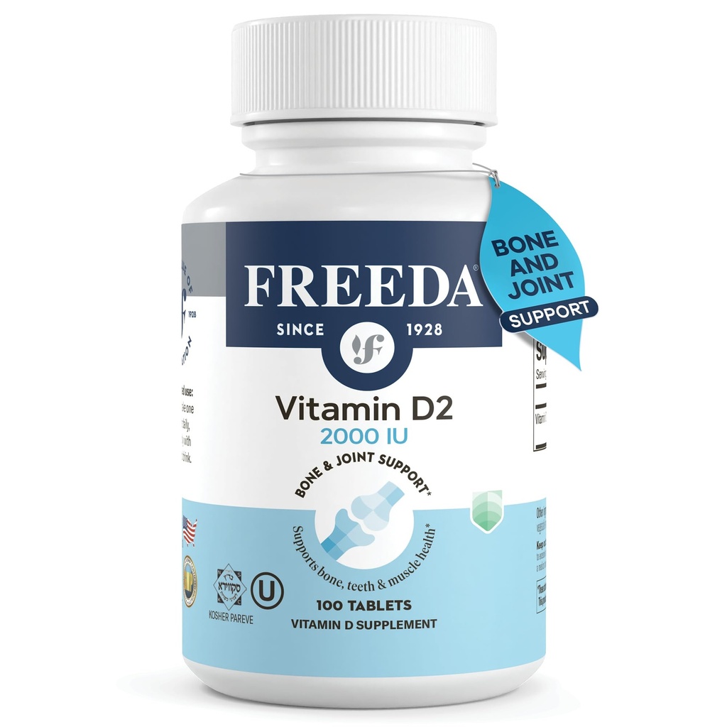 FREEDA 비타민 D2 2000 IU - 뼈 힘 & 면역 지원을 위한 Vegan 비타민 D – Vegan Ergocalciferol D2 보충교재 – 100개의 작은 정제