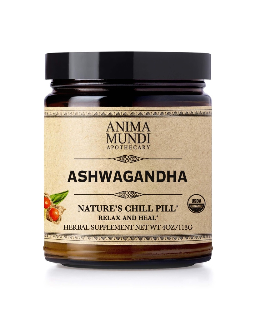 Anima Mundi Ashwagandha 분말 - 인도에서 sourced 유기 Ashwagandha 뿌리 분말 - 일반적으로 인도 인삼 뿌리 분말로 알려진 - Calming 초본 보충 - 차, 커피 및 기타 (4oz / 113g)에 추가