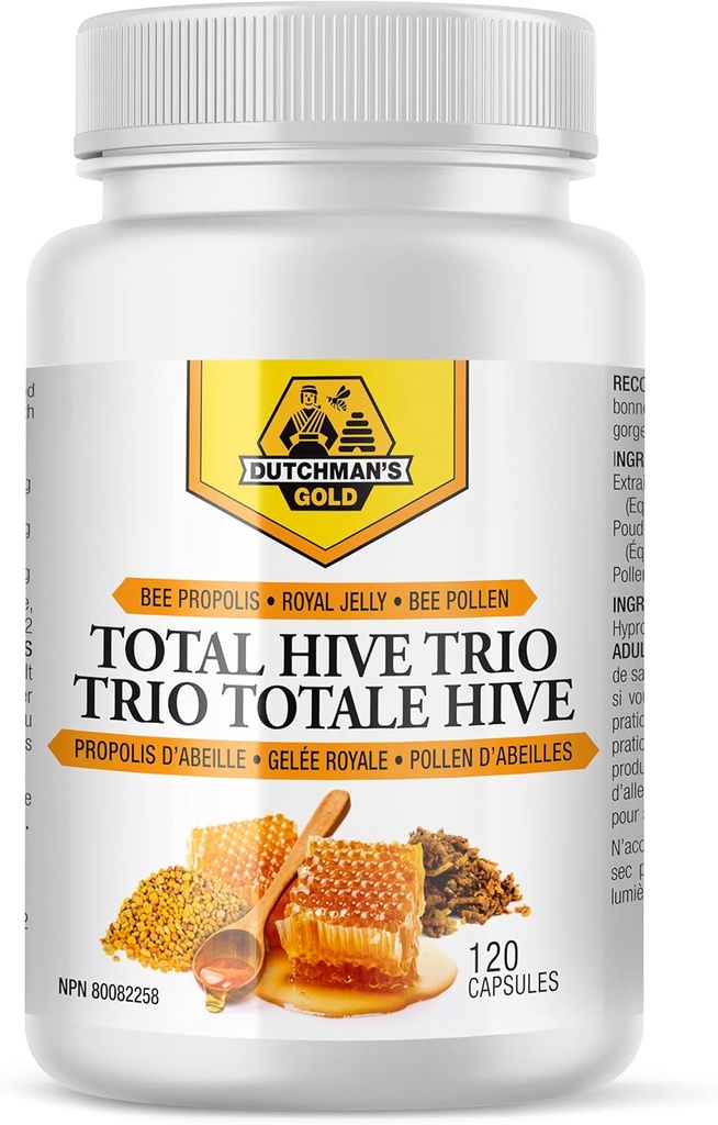 네덜란드 사람의 골드 총 히브 트리오 캡슐 - 120 Veg 모자 약 30-60 서빙 - Bee Pollen Royal Jelly & Propolis Supplement - Antioxidant Immune 지원을위한 슈퍼 푸드 - Natural Honey Mix