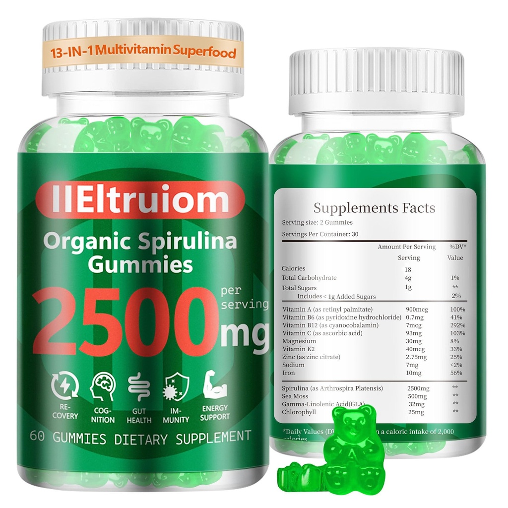 유기 파란 Spirulina Chlorella Gummies, 13-in-1 최고 녹색 & Superfoods, Spirulina 2500mg는 바다 Moss, Chlorophyll, GLA, 글루텐을 가진 매일 에너지, 60의 Vegan Gummies를 강화했습니다