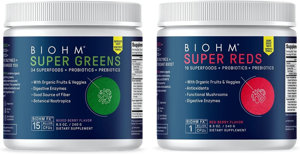 BIOHM Super Reds 및 Greens 번들, Probiotics와 Superfood Powder 및 Digestive Enzymes, Antioxidants 및 Polyphenols, Allergen Free, Non-GMO, Vegan - 30 서빙 각각 포장