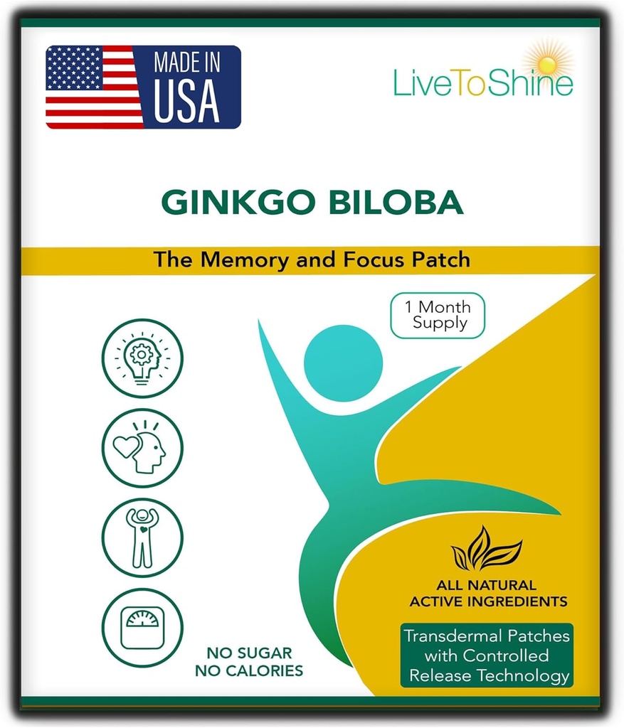 Shine Ginkgo Biloba 패치 라이브 - 30 Gingko Transdermal Patch - 여성과 남성을위한 1 개월 공급 - 미국 Made