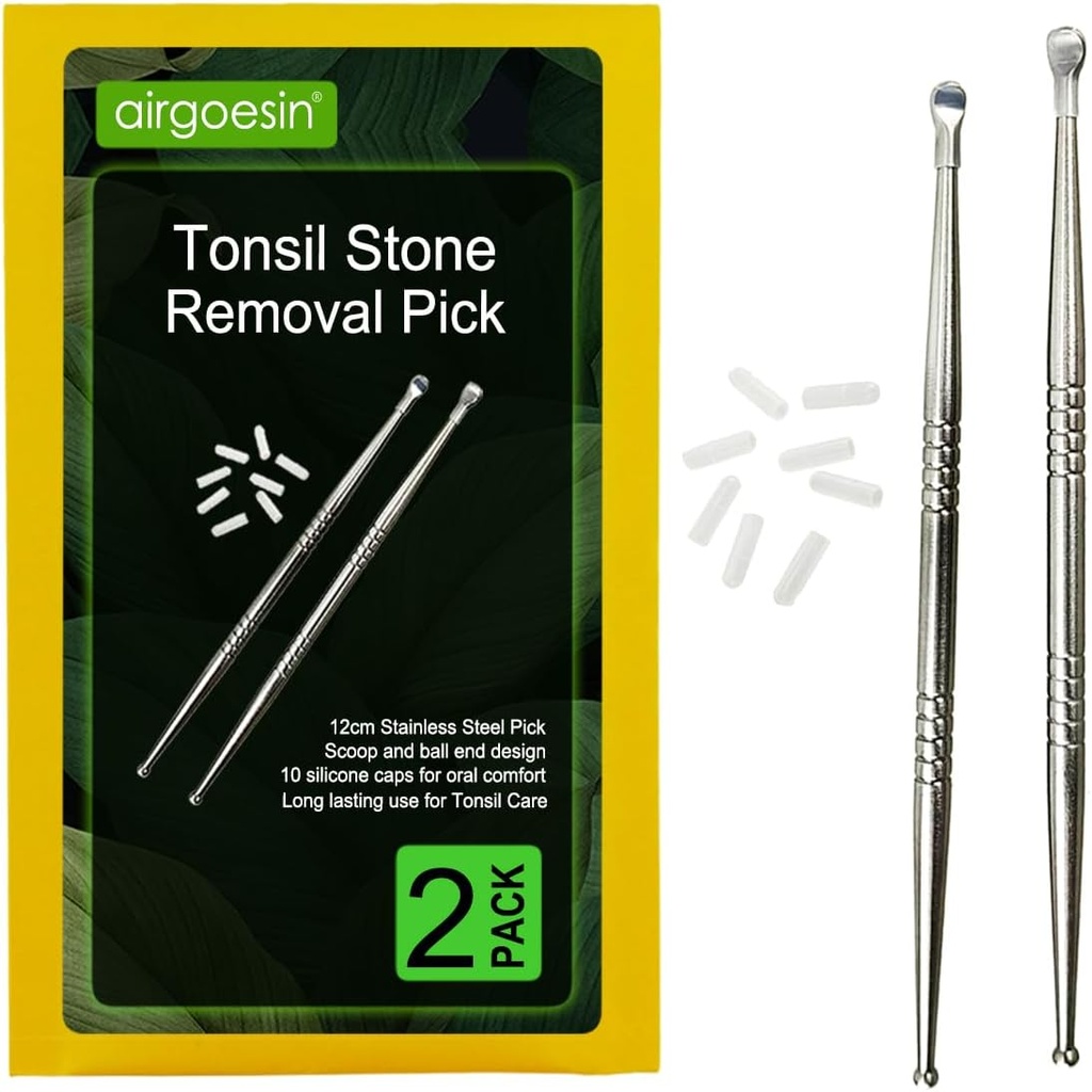 Airgoesin 2pcs Tonsil 돌 제거 10 연약한 실리콘 모자를 가진 Tonsillolith 우수한 공구 스테인리스 구두 세탁기술자를 후비십시오