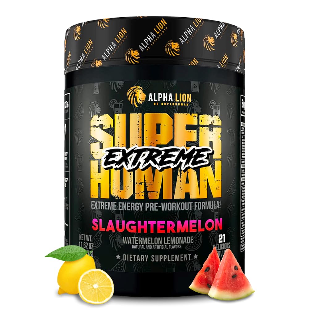 ALPHA LION Superhuman Extreme High Stim Pre Workout Powder, Beta Alanine, L-Taurine & 356mg Tri-Source Caffeine for Sustained Energy, Nitric Oxide & Citrulline for Pump (21 서빙, Slaughtermelon)