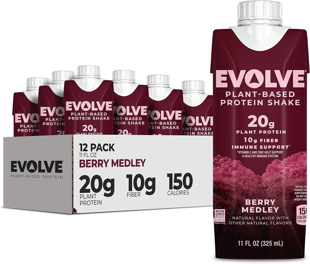 Evolve 식물에 근거한 단백질 Shake, 베리 Medley, 20g Vegan 단백질, 면역 지원, 비타민 C & 아연, 낙농장 자유로운, 인공 감미료 없음, 비 GMO, 10g 섬유, 11oz, (12 팩) (구리 5월)