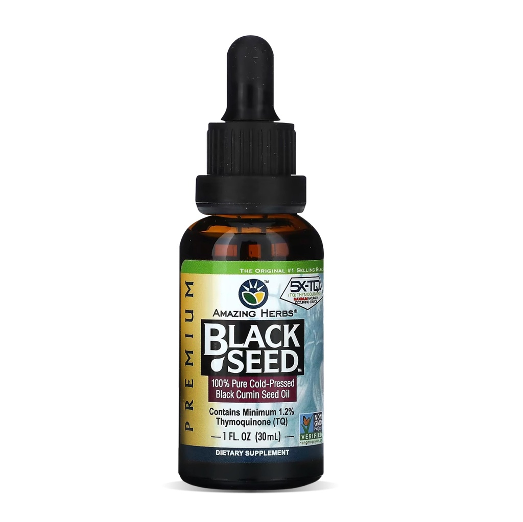 Amazing Herbs Premium Black Seed Oil - 소화 건강, 면역 지원, 두뇌 기능, 관절 기동성, 글루텐 무료, 비 GMO - 1 Fl Oz의 냉각 프레스 Nigella Sativa Aids