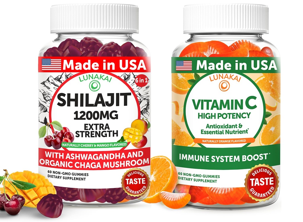Lunakai USA Made Shilajit & Vitamin C 높은 Potency Gummies Bundle – 에너지 및 면역 지원 – 비 GMO & Delicious