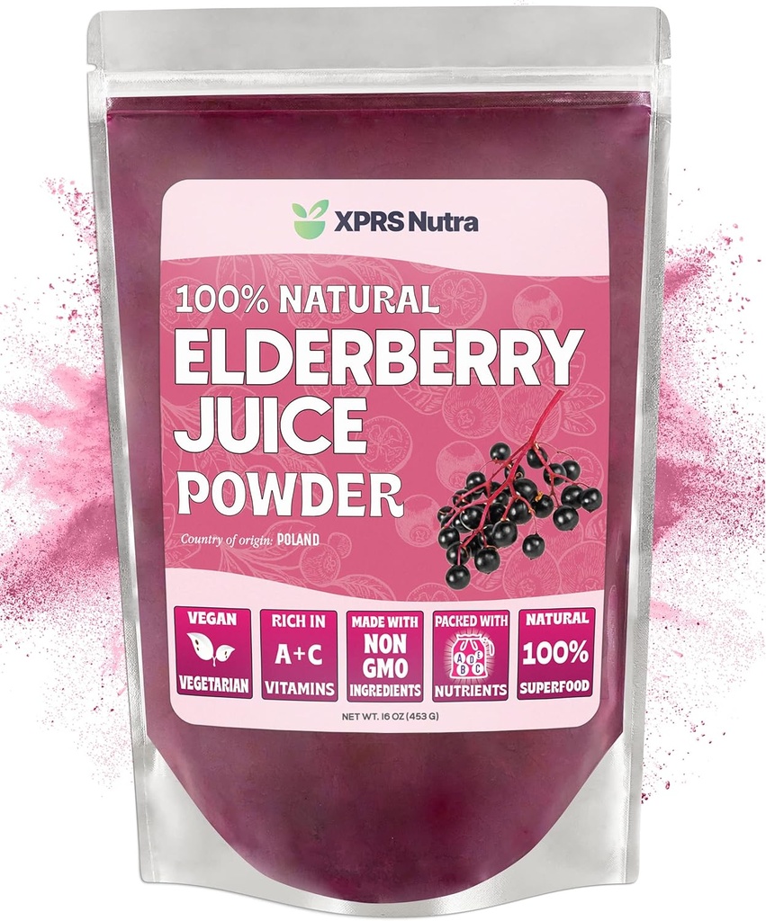 XPRS Nutra Elderberry 주스 분말 - Elderberry 분말 유기 과일 주스 혼합 - 비타민 A와 C (16 oz)에 있는 강화된 Elderberry 보충교재 부유한