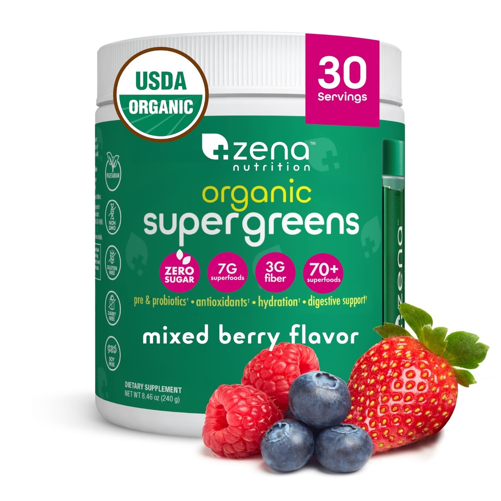 Zena 영양 유기 슈퍼 그린 분말, 70 + Superfoods, 0 설탕, 3G 섬유, Spirulina, Chlorella, 산화 방지제, Prebiotics/Probiotics, 소화 효소, 혼합 Berry, 30 서빙