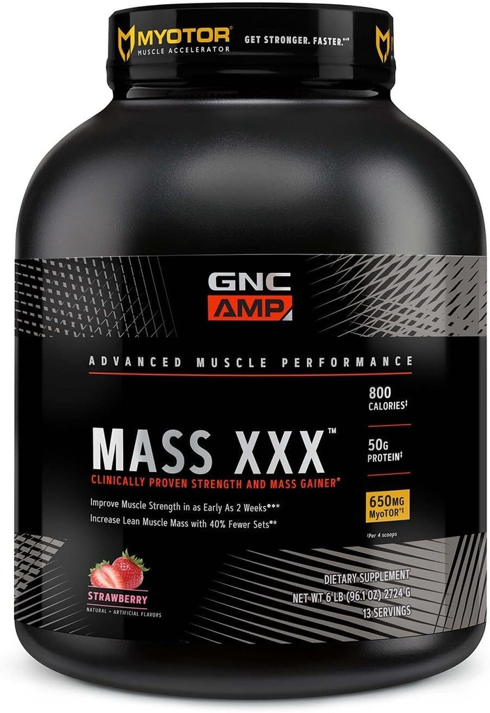 GNC AMP 질량 XXX의 임상으로 입증된 무게 게인더 단백질 분말은, 힘과 크기를 개량합니다, 780 칼로리, 50g 단백질, Micronized 아미노산, 크레아틴, 베타인, 딸기, 13의 서빙, 6 파운드를 개량합니다