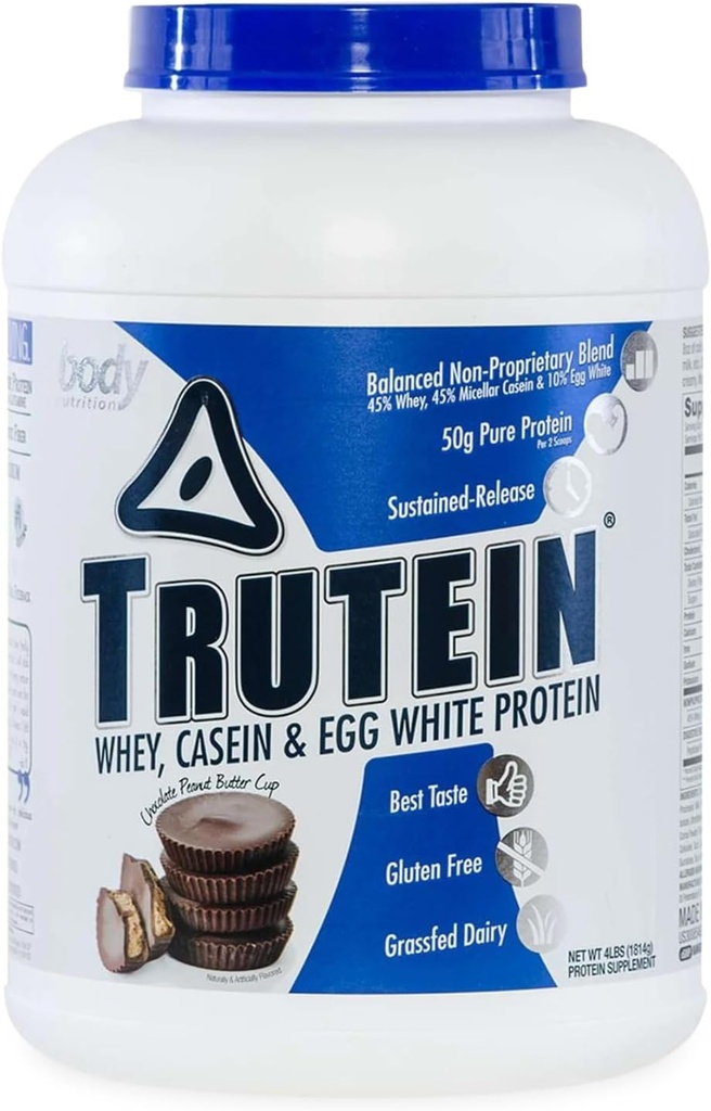 몸 영양 Trutein 높은 단백질 분말: 45% Whey, 45% Casein, 10% 계란 백색 단백질 Shake 혼합, 글루텐 자유로운, 낮은 나트륨, 남자 & 여자를 위한 낮은 Carb 단백질 보충교재, 초콜렛 땅콩 버터, 4lb